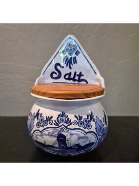 Handpainted Delft Blue Ceramic Salt Cellar With Wooden Lid & Windmill Design
